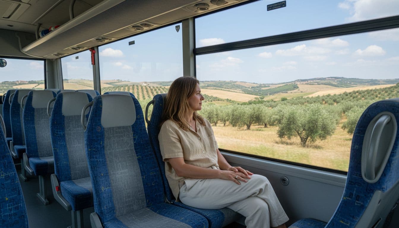 Interior of a modern Sicilian bus with comfortable half-empty seats and a large window revealing olive groves and rolling hills. A single relaxed passenger sits by the window, hands in lap, gazing at the daytime landscape.