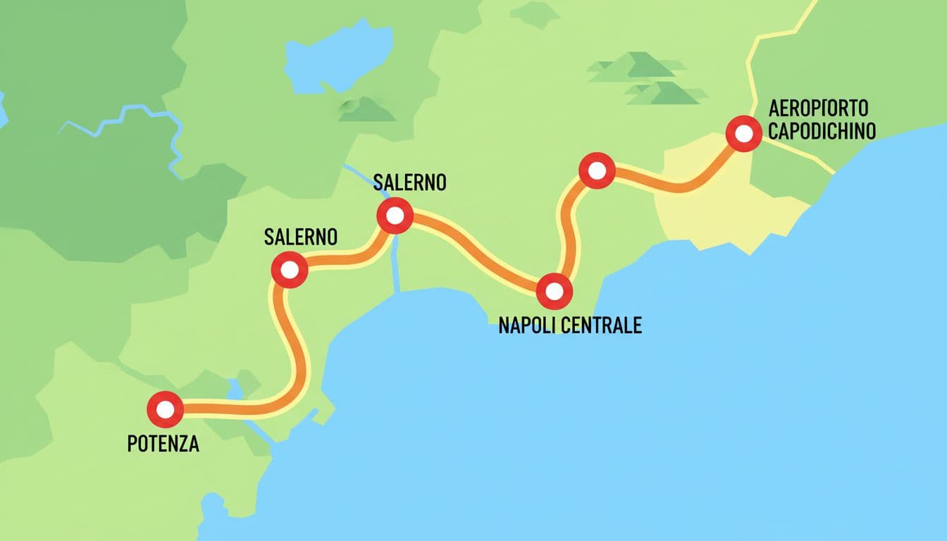 Top-view stylized map of the route from Potenza to Capodichino Airport, with main stops marked by red dots over Campania and Basilicata regions, in simple illustrative style with vibrant colors.