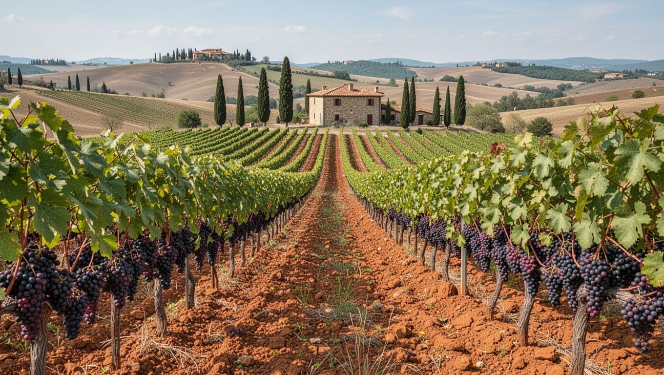 High-definition realistic photograph of Tuscan hills cultivated with Colorino grapevines on a sunny day, showing rows of vines laden with dark red-black clusters, reddish clay soil, distant cypresses, and an ancient stone farmhouse.