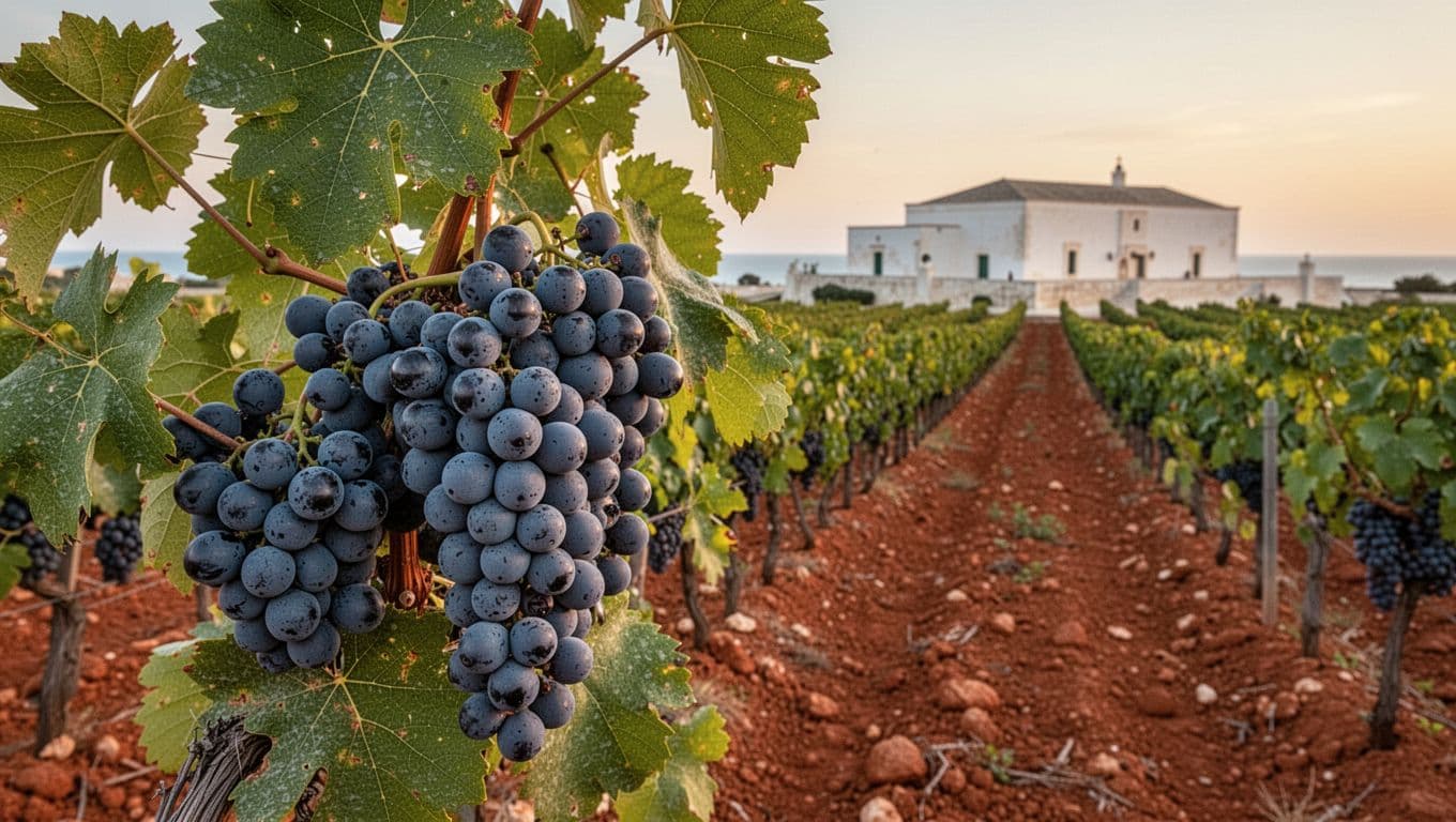 Photorealistic close-up of a mature Susumaniello grape cluster with dark blue-violet berries and pruinous skin, surrounded by green vine leaves, against an orderly Puglian vineyard on red-clay soil under warm golden sunset light, featuring a distant white masseria and blurred Mediterranean horizon.