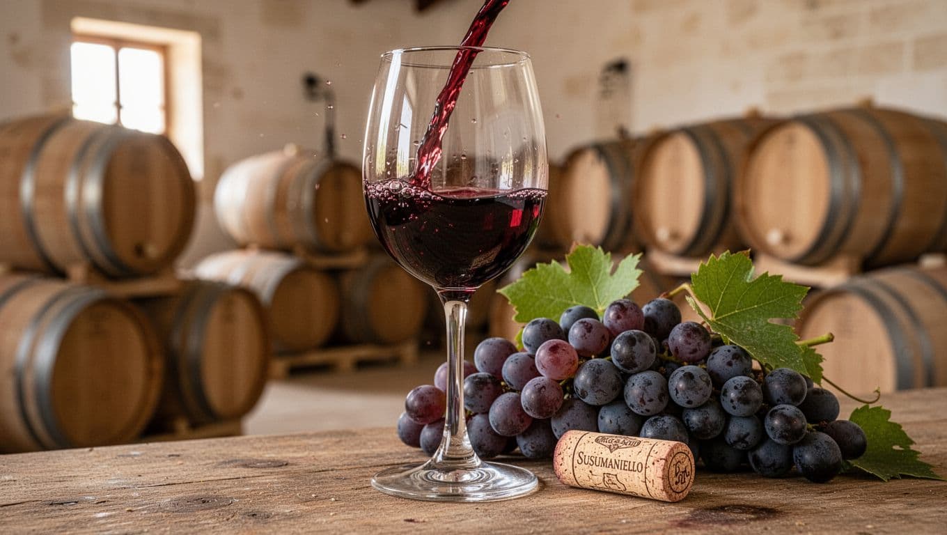 Photorealistic close-up of an elegant glass filled with intense ruby Susumaniello red wine, showing luminous reflections and wine legs, beside fresh grapes and a cork stopper, with a blurred background of wooden barrels in a Salento masseria.