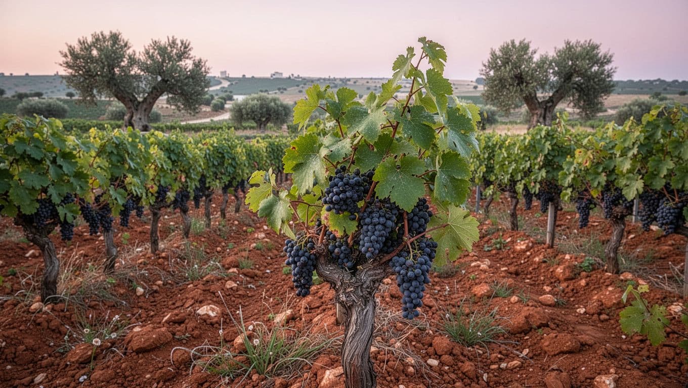 Photorealistic scene of Susumaniello grapevines in a Salento vineyard at dawn, with red clay soil, dew, ripe dark grapes, green leaves, ancient olive trees, and hilly Puglian landscape under soft pink light.