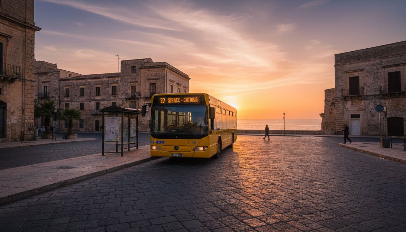 A yellow local Sicilian bus parked at a stop near Syracuse's historic center, overlooking the Ionian Sea at sunset with warm lighting, wide composition, few distant pedestrians, realistic photo style.