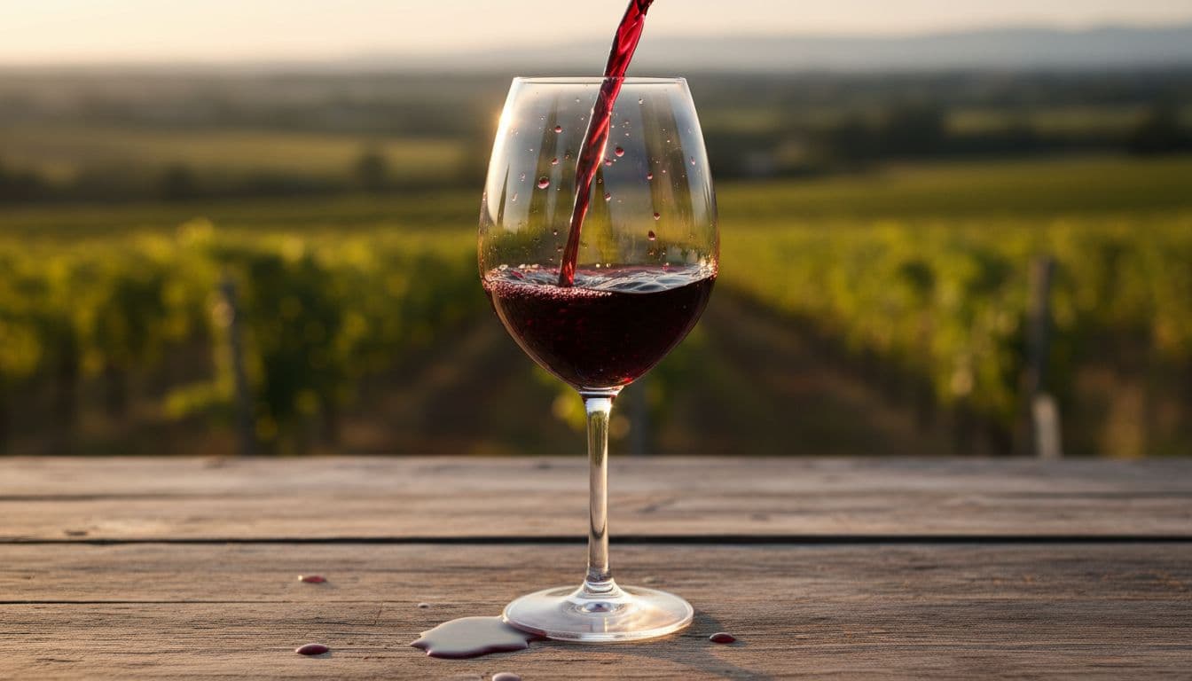 Fotografia realistica ad alta qualità di un calice di vino Syrah rosso intenso versato su tavolo di legno rustico, con sfondo vigneto sfocato, riflessi luminosi sul vetro e gocce di vino sul bordo.