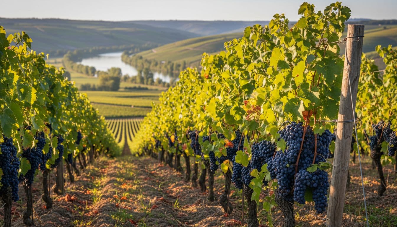 Realistic high-quality photograph of neat rows of Syrah vines with dark purple clusters on the rolling hills of the Rhone Valley in France, captured at sunset with warm grazing light illuminating green leaves and shallow depth of field.
