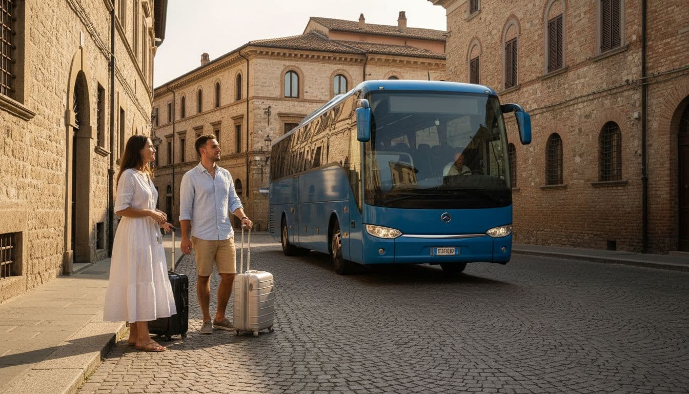 Two passengers with suitcases wait relaxed at the bus stop in Teramo city center near Piazza Garibaldi for the Fiumicino airport bus, as a modern blue coach approaches on a sunny morning amid historic buildings.