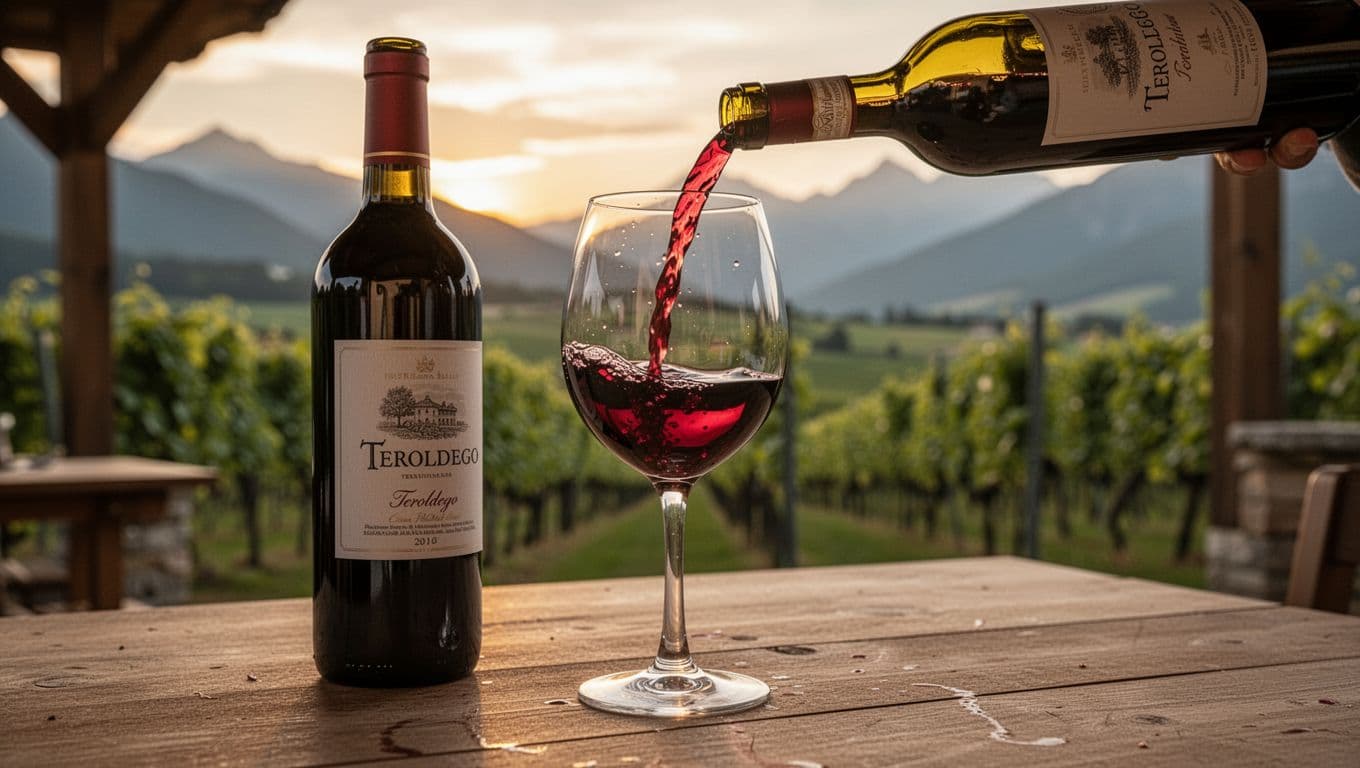 Realistic high-resolution editorial-style photo of Teroldego red wine pouring from a bottle into a glass on a wooden table in a Trentino agriturismo, with ruby reflections, blurred vineyards and Piana Rotaliana mountains at sunset.