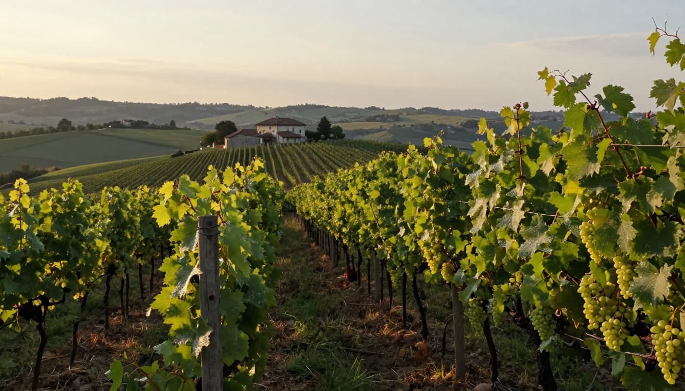 Vigneto di Timorasso al tramonto nei Colli Tortonesi