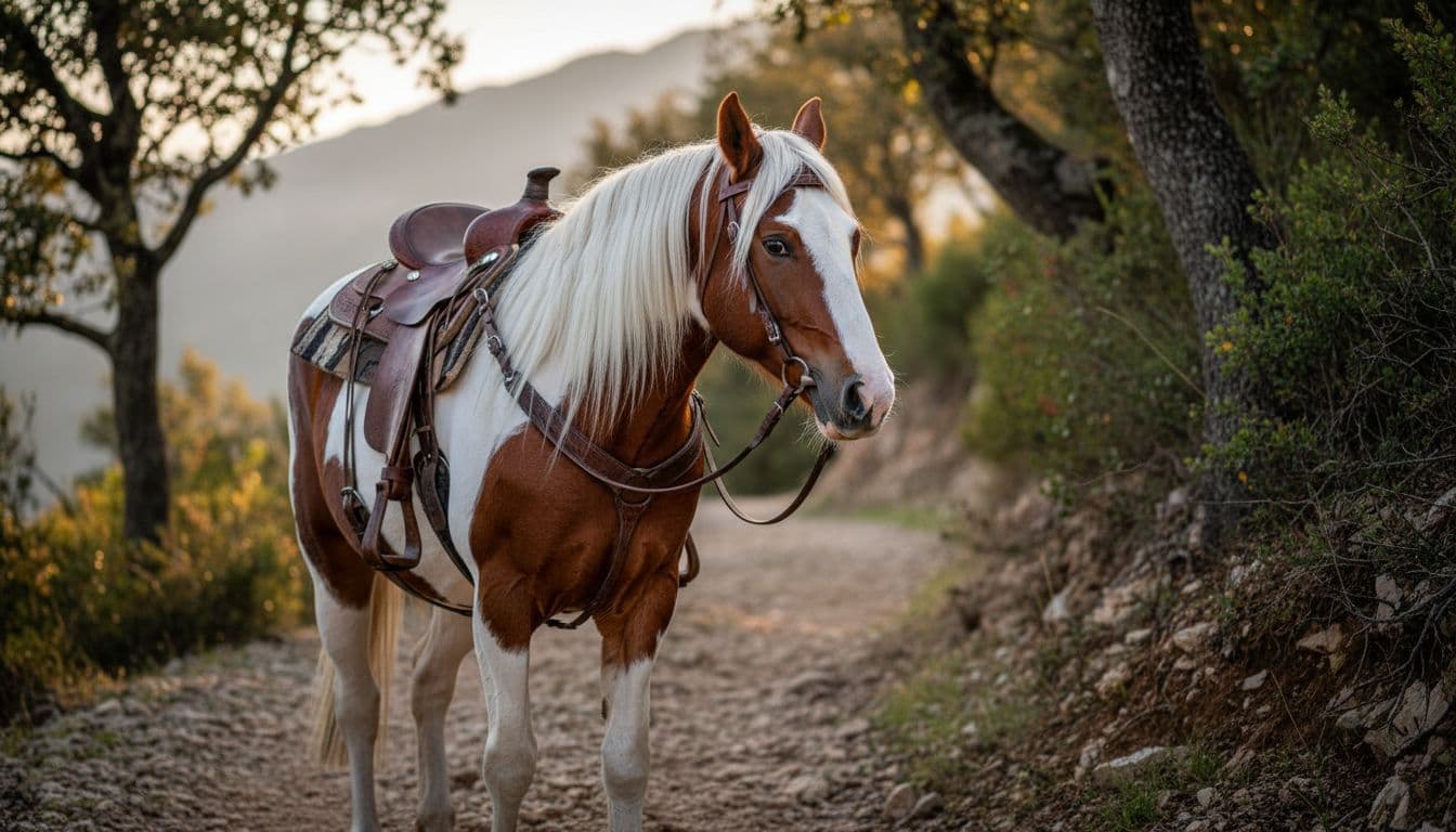 Realistic portrait of an adult tobiano Paint Horse trail horse walking calmly on a rocky Italian mountain path surrounded by oaks and Mediterranean scrub, illuminated by warm sunset light, with western trail saddle and dynamic 3/4 side view.