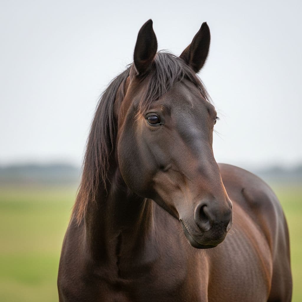 Realistic photographic-style illustration of a Tolfetano horse's head and neck, featuring dark bay coat, large expressive eyes, straight ears, and thick natural mane with fine details of shiny fur and defined muscles.