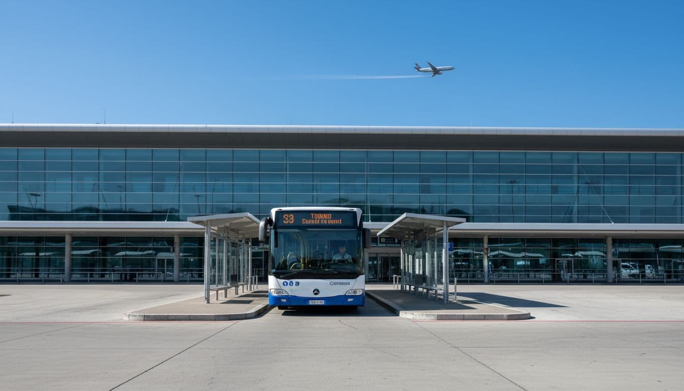Vista esterna dell'Aeroporto di Torino Caselle con un autobus in arrivo alla fermata principale, cielo azzurro, terminal moderno e aereo in lontananza. Composizione dinamica realistica diurna luminosa senza folla, loghi o testo.