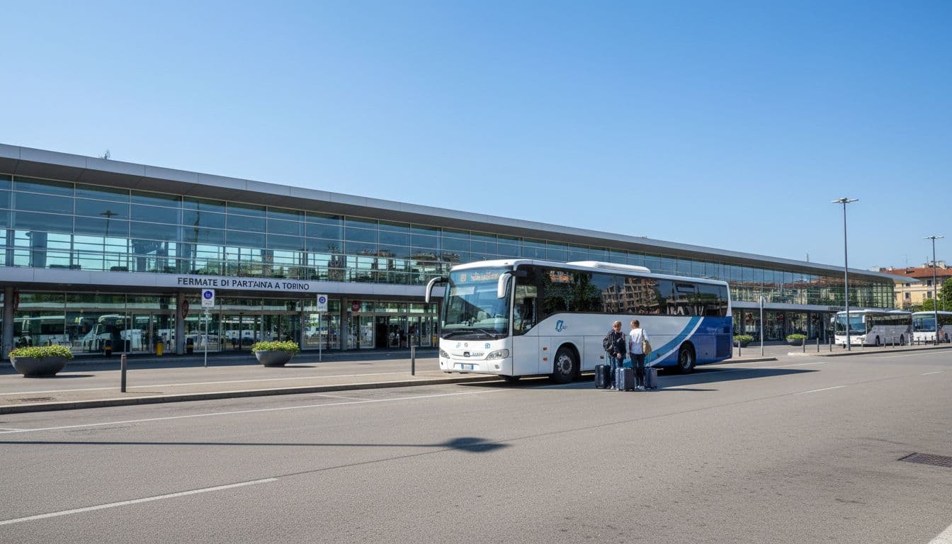 Vista esterna della stazione autobus in Corso Bolzano a Torino con autobus bianco e blu pronto alla partenza per Malpensa in un pomeriggio soleggiato, due persone con bagagli nelle vicinanze.