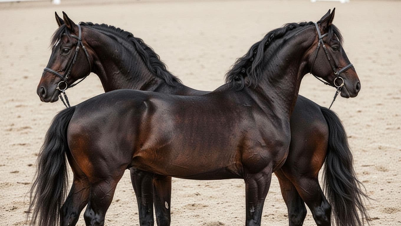 Ultra-realistic digital illustration of a black Trakehner dressage horse in collected pose, focusing on its elastic muscular back, elegant long neck, and refined poll, captured in tight side profile on a light sand arena with soft natural lighting.