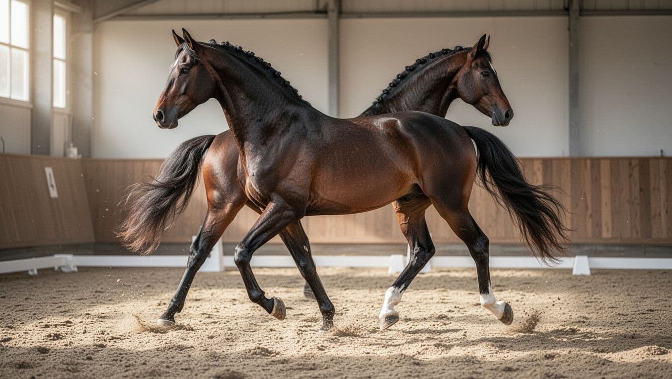 Digital ultra-realistic illustration of a dark bay Trakehner horse with elegant athletic build trotting with impulsion in an indoor arena's working rectangle. Side 3/4 view featuring precise anatomy, defined muscles, natural mane and tail, soft natural light, sandy background.