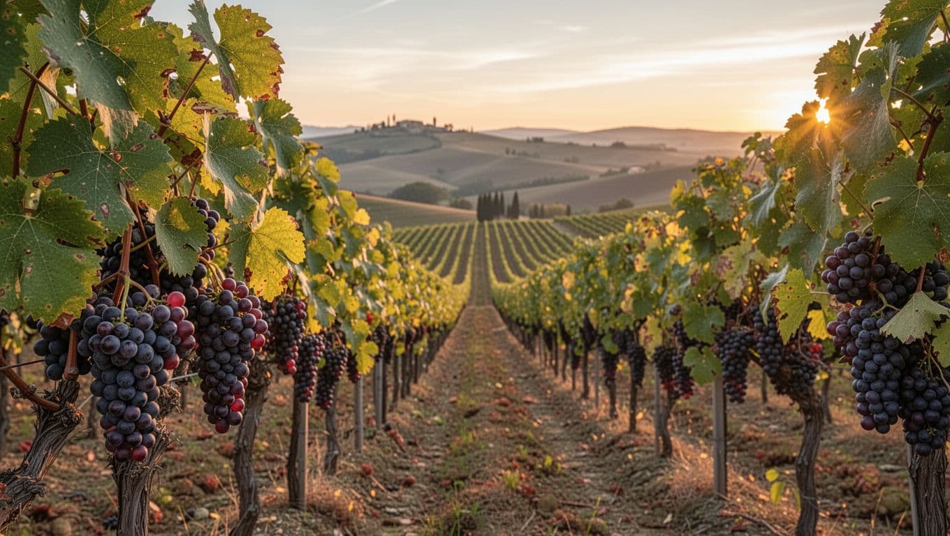 Realistic high-definition photograph of a Tuscan Colorino vineyard at sunset, showing small compact dark red-purple grape clusters on vines, green leaves with autumn yellow edges, orderly rows on rolling hills, warm golden light with long shadows and shallow depth of field.