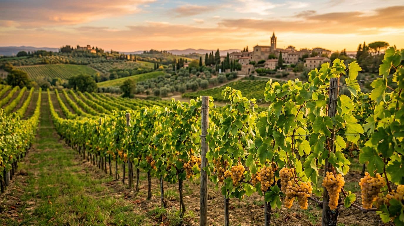 Realistic high-resolution illustration of an Italian Mediterranean vineyard at sunset, featuring ordered rows of Malvasia Bianca vines with bright green leaves and golden-white amber grape clusters in the foreground. Gentle Tuscan hills and a stone village in the background, warm refined atmosphere in editorial food and wine photography style with natural colors and golden light.