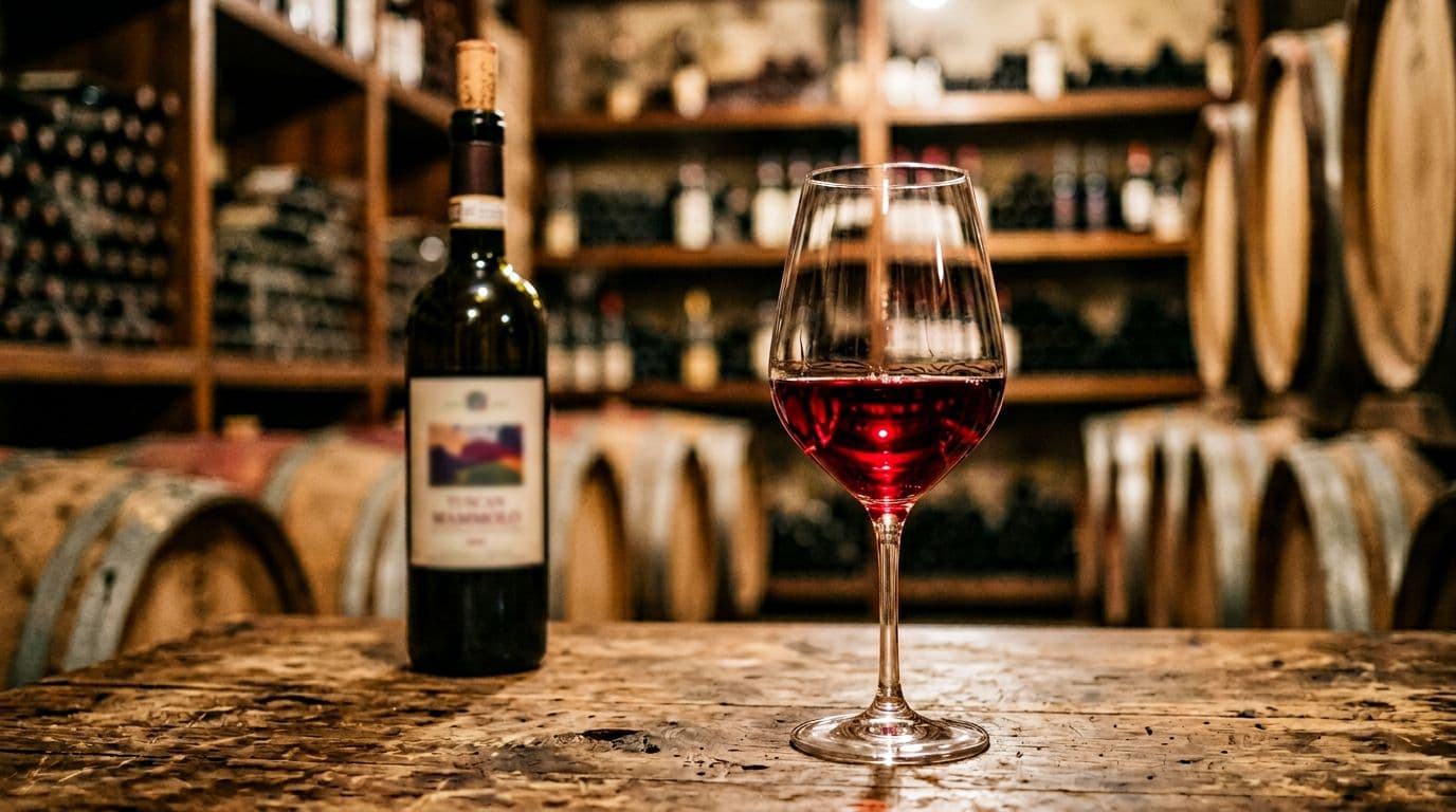 Realistic high-definition photograph of a Tuscan red wine bottle from Mammolo grapes with a poured glass on a rustic wooden table in a wine cellar, featuring intense ruby color, blurred label and cork, wooden barrel shelves in the background, and warm diffused lighting.