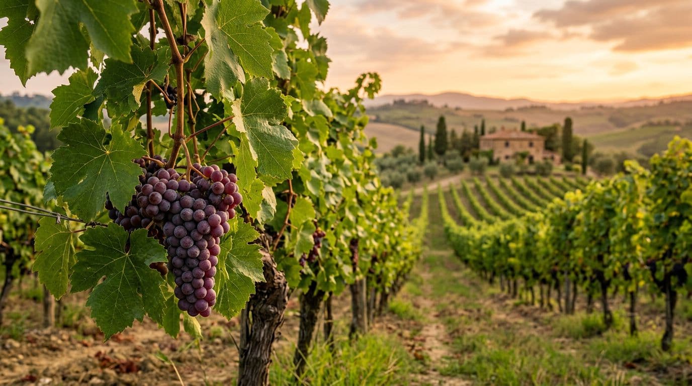 High-definition realistic photograph of a Tuscan vineyard at sunset with Mammolo vines in foreground, focusing on a ripe cluster of dark red-purple grapes amid wind-rippled green leaves. Soft background features rolling Tuscan hills and a stone farmhouse under warm golden light.