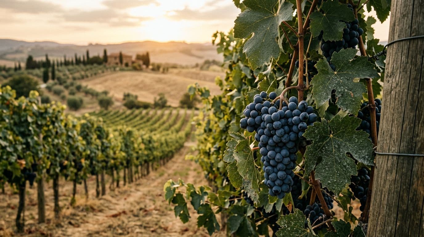 Vigneto toscano con grappoli di Pugnitello al tramonto