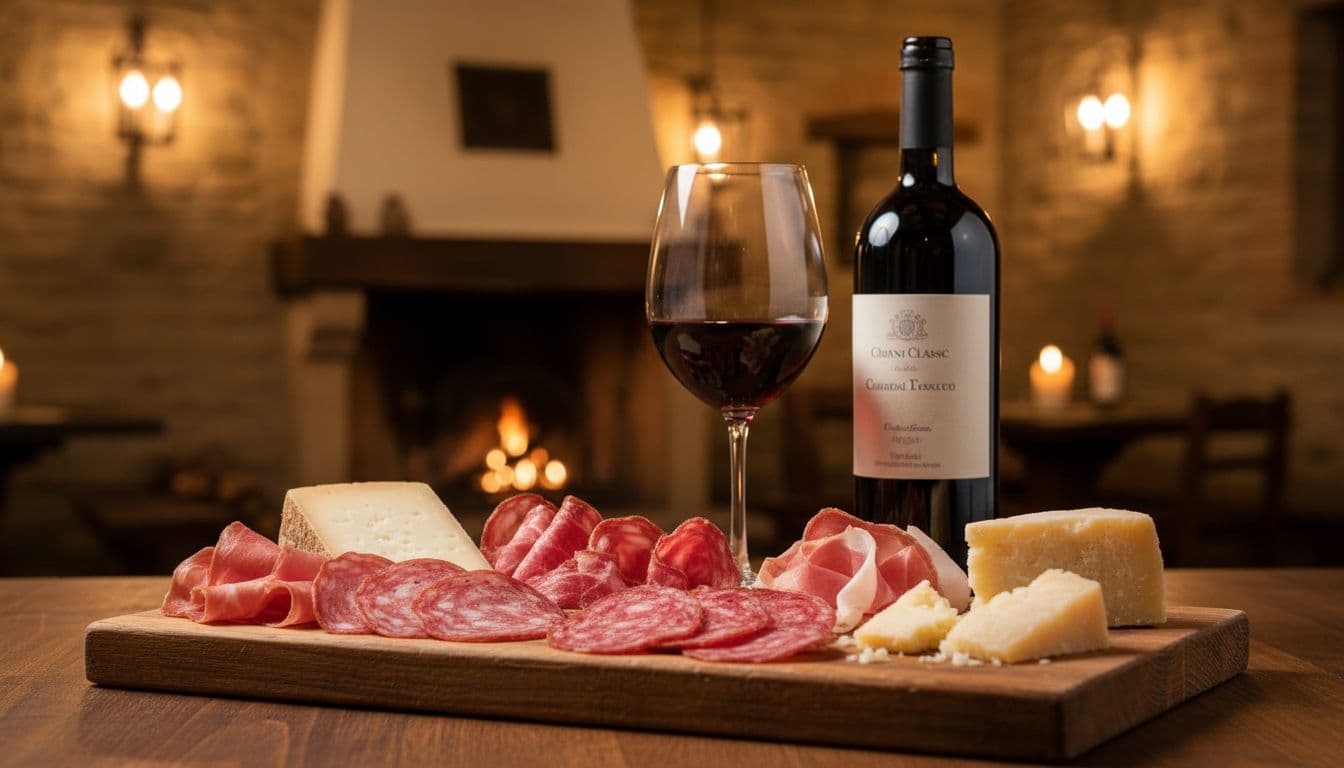 Assortment of Tuscan cured meats and aged cheeses on a wooden board with a partially poured glass of Chianti Classico and nearby bottle in a warm-lit Tuscan tavern, realistic refined style, convivial Italian atmosphere, close-up high-quality composition.