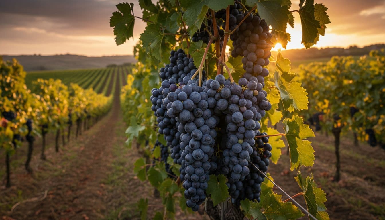Grappoli scuri e compatti di Uva di Troia sulla vite in filari ordinati sulle colline pugliesi al tramonto, illuminati da luce calda mediterranea che esalta foglie verdi e uva matura.