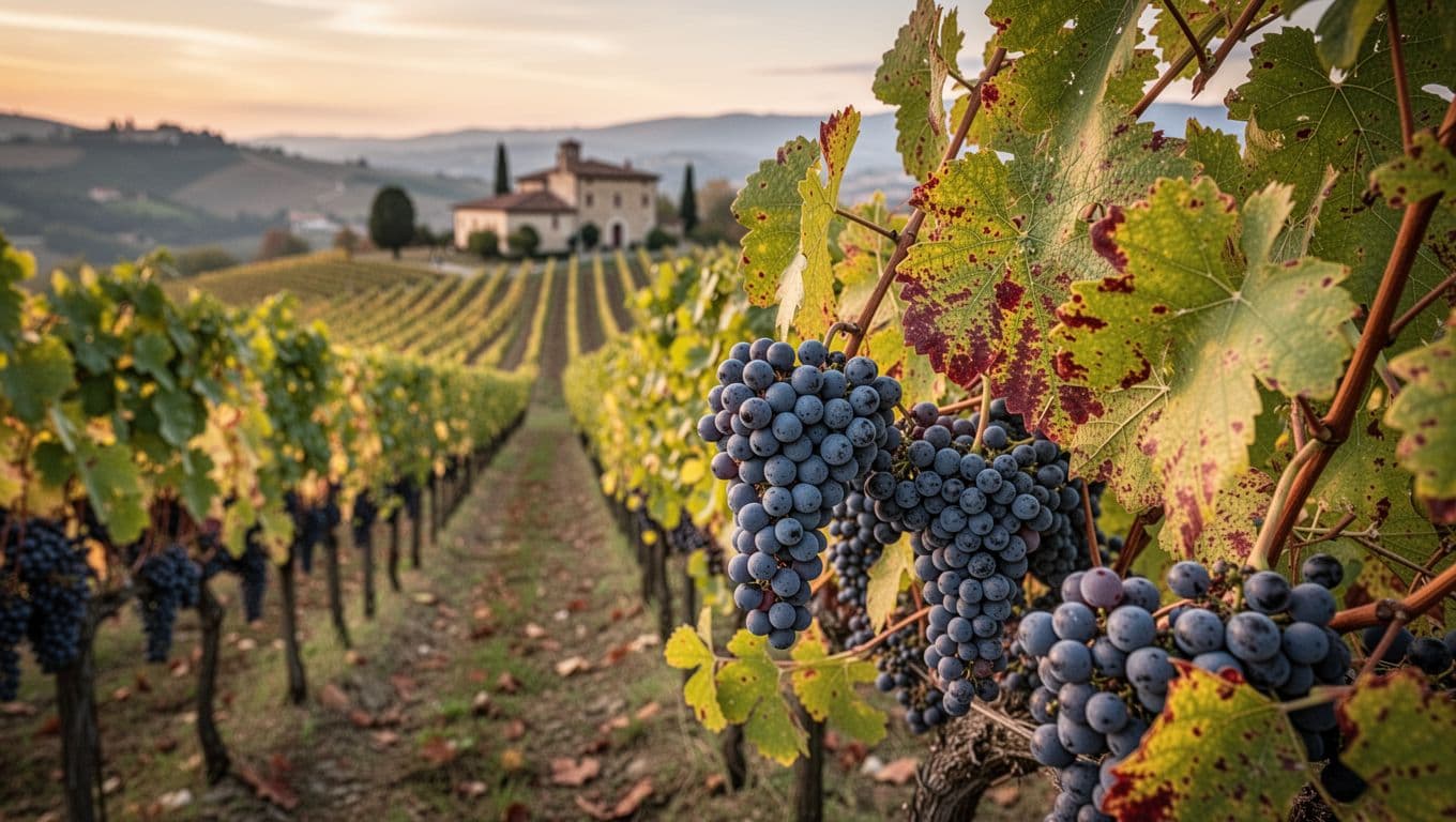 Realistic high-resolution editorial photograph of a hilly Valpolicella vineyard at autumn sunset with warm natural light. Neat rows of vines bearing ripe Rondinella grapes in sharp focus foreground, blurred Venetian hills and ancient farmhouse background with soft bokeh.