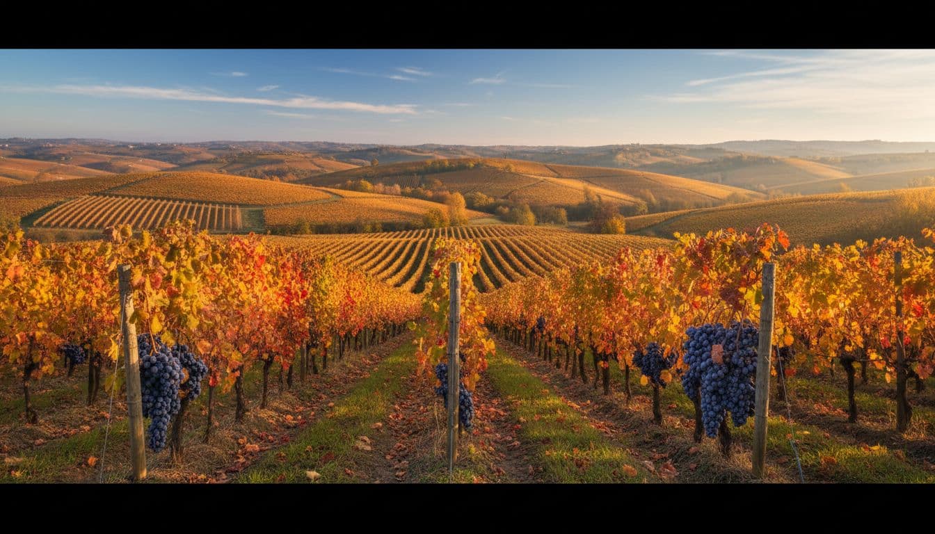 Illustrazione realistica e raffinata dei vigneti di Freisa sulle colline morbide del Monferrato in Piemonte, con paesaggio autunnale caratterizzato da foglie rosse e arancioni, grappoli maturi blu-violacei e luce dorata del mattino.