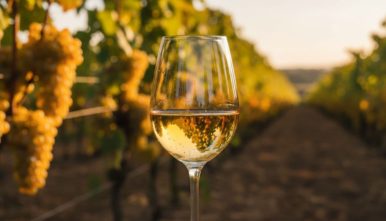 Elegante calice solitario di vino bianco Viognier tipico di Condrieu con riflessi giallo paglierino intenso e bolle fini, su sfondo vigneto sfocato con grappoli dorati, illuminato da luce naturale calda serale in stile fotografico premium realistico.