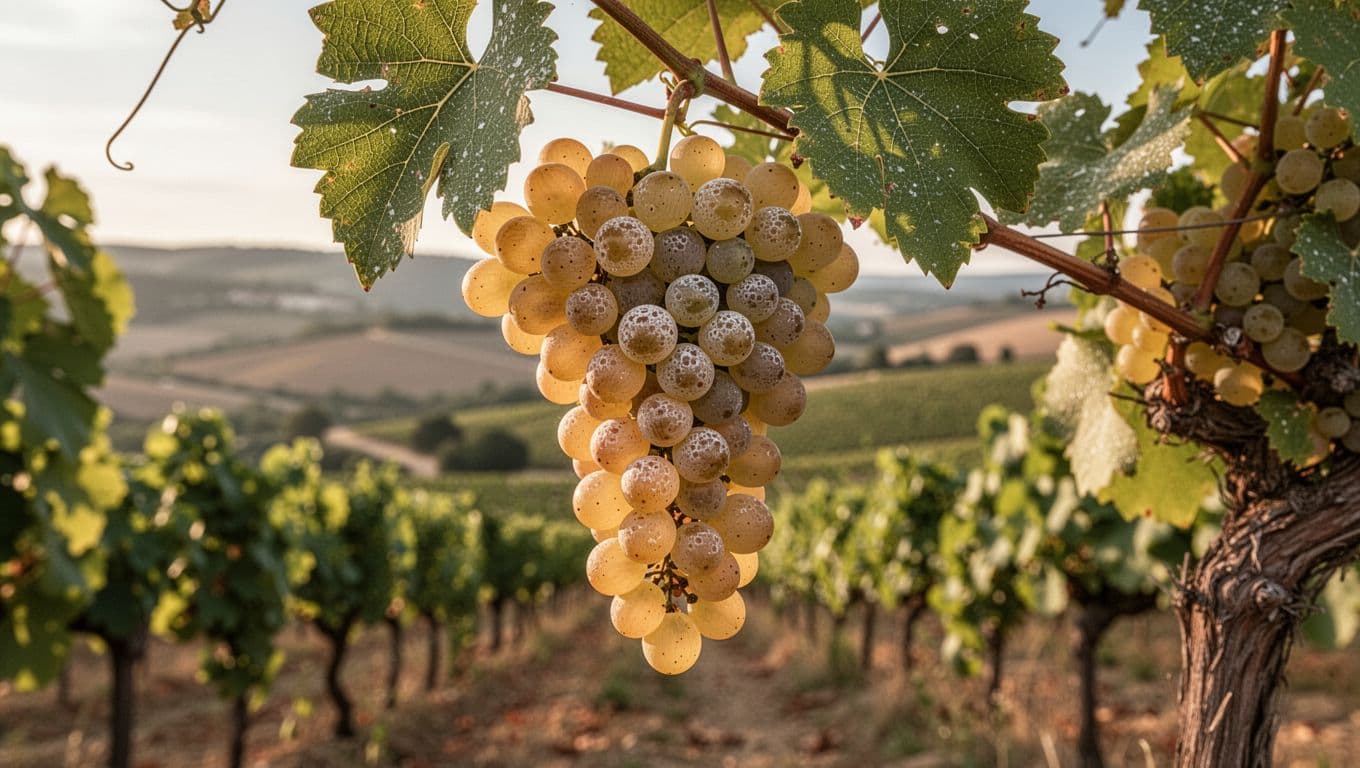 Detailed close-up of small, compact, golden mature Viognier grape clusters with white pruina, hanging from vines on a sunny hillside, surrounded by healthy green leaves in a warm, natural afternoon light with a French Mediterranean atmosphere.