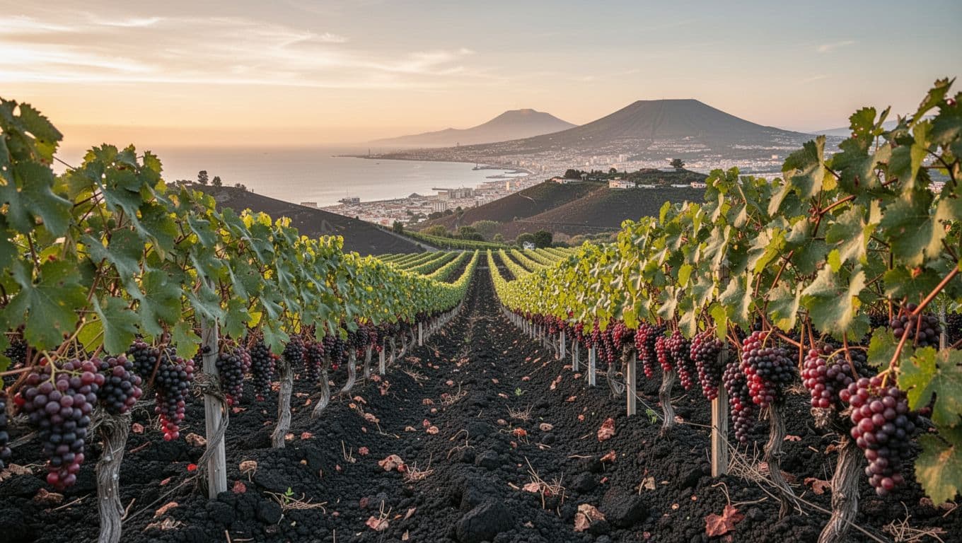 Realistic editorial photograph featuring orderly rows of Piedirosso vineyards on black volcanic soil hills in the Campi Flegrei area near Naples, with reddish-purple grape clusters amid green leaves, distant Naples bay sea and hills, warm golden sunset light creating a serene ancient atmosphere with bokeh depth of field.