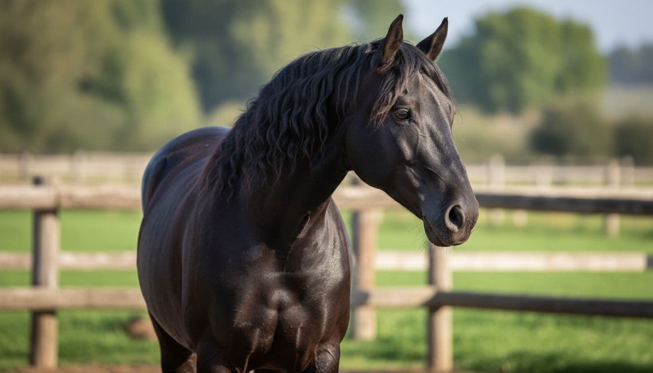 Cavallo andaluso nero lucido in paddock al mattino