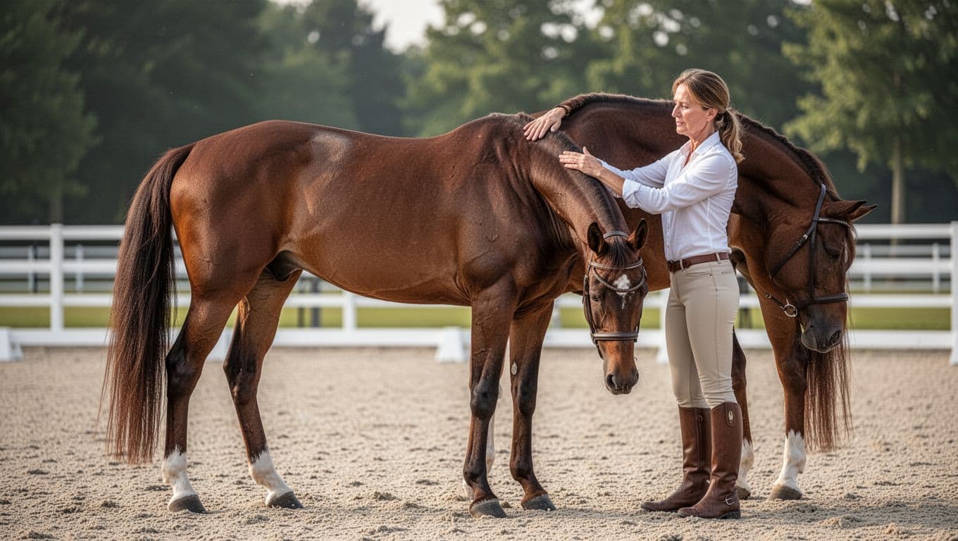 Realistic digital illustration of a 7-year-old athletic Dutch KWPN bay Warmblood horse standing in a dressage arena, evaluated by a 40-year-old woman touching its toned back and high withers.