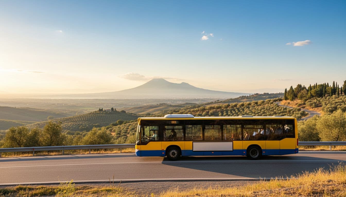 Modern yellow and blue bus speeding on hilly Basilicata road towards Naples with distant Vesuvius view on sunny afternoon.