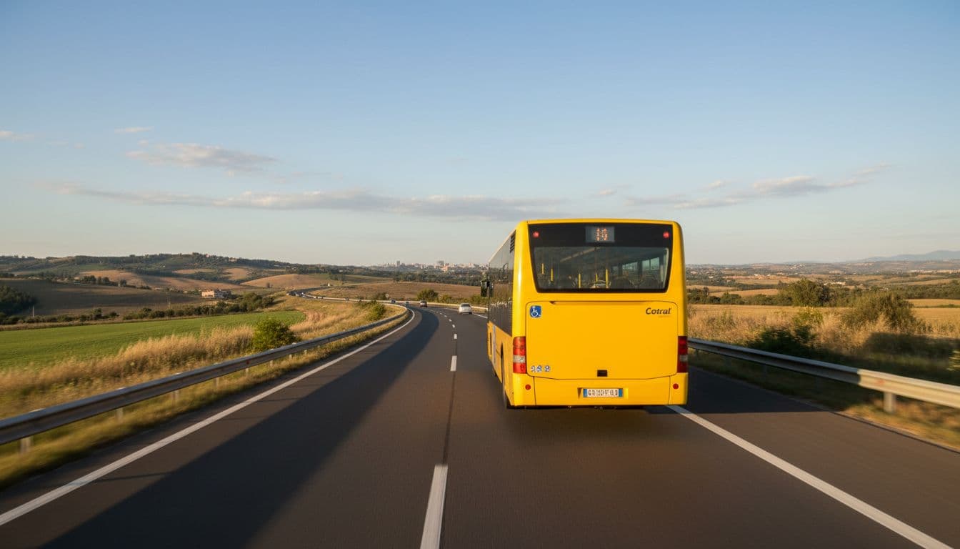 A yellow Cotral bus speeds along the highway towards Rome, captured from a side window view with sunny Lazio countryside in the background. Realistic photographic style in landscape orientation, featuring exactly one bus with no people, text, or logos visible.