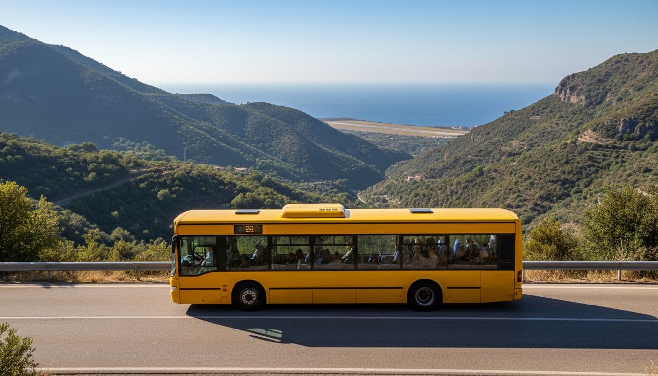Autobus regionale giallo in viaggio sulle colline calabresi verso l'aeroporto di Lamezia, stile fotografico realistico.