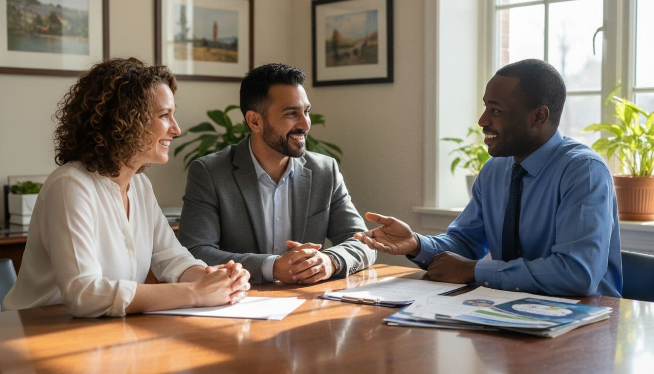 A diverse group of three customers talks with an insurance agent at a desk in a warm office with natural daylight, focusing on friendly discussion of personalized coverage options in a realistic photo style.