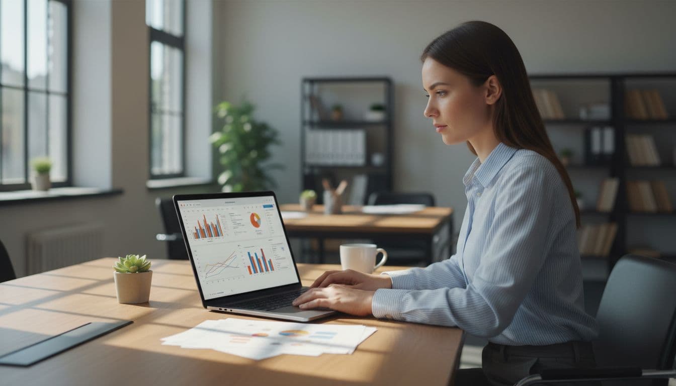 Insurance analyst at desk in bright office examines blurred spreadsheets and charts on laptop.