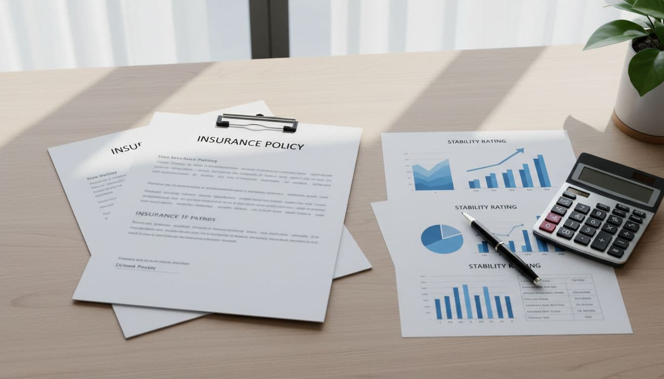 Modern office desk with insurance policy documents, financial rating charts, calculator, and pen under soft natural window light in a top-down composition. Realistic, clean, professional style with no people, text, or logos.