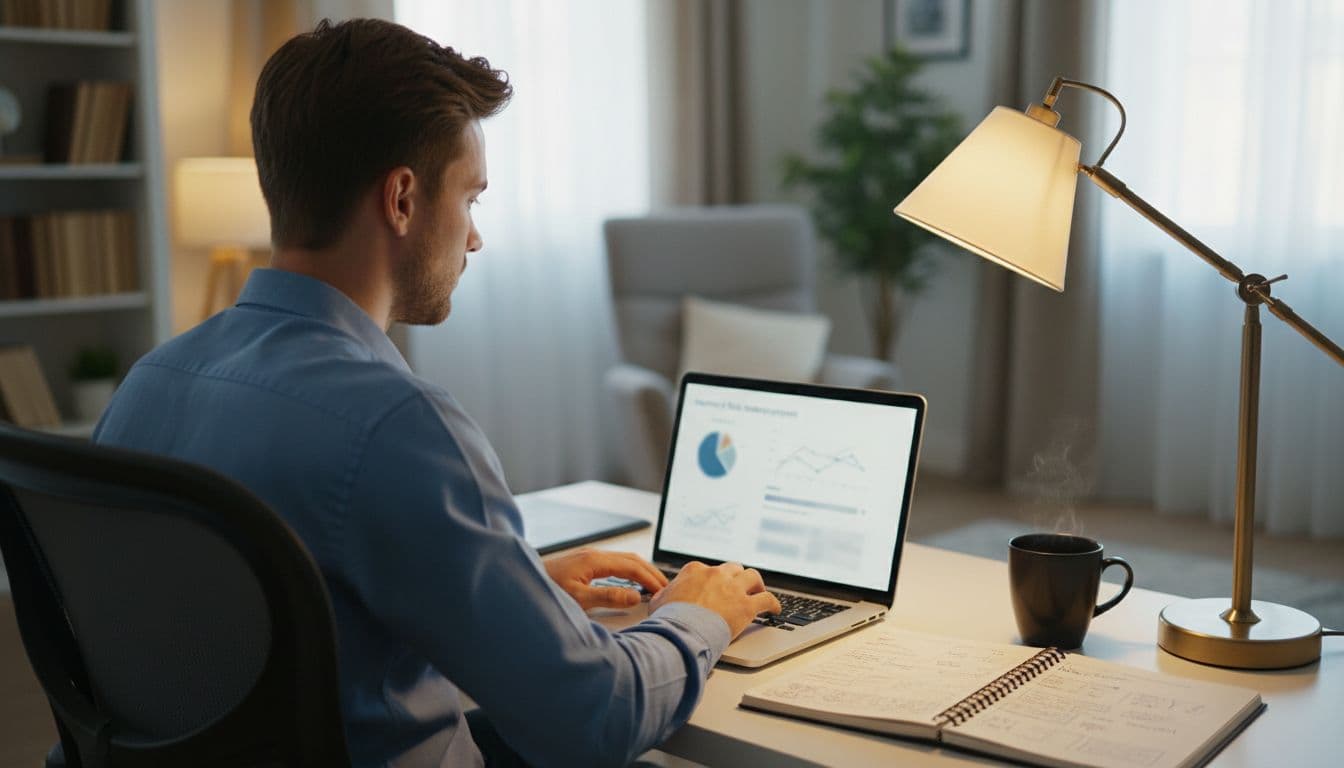 Young professional at home office desk views online insurance course on laptop, notebook and coffee mug nearby.