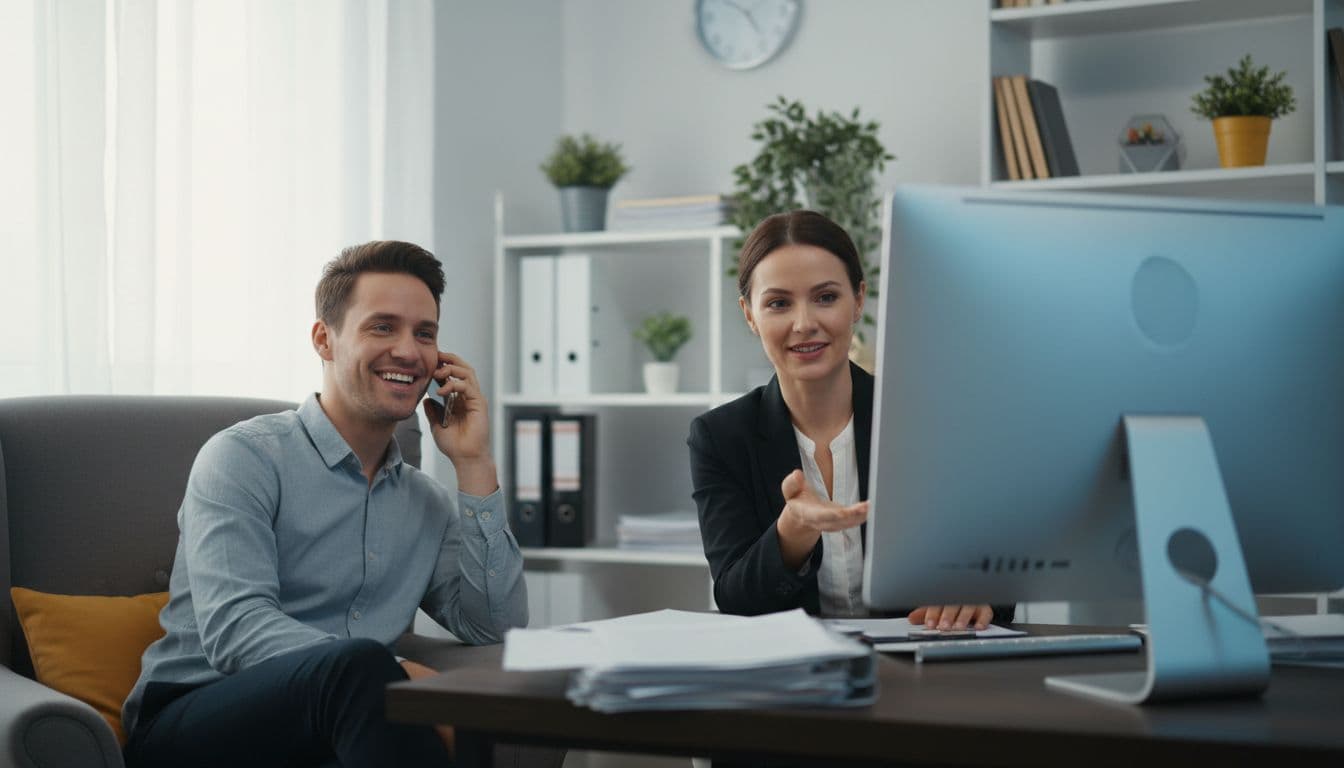 A smiling person speaks on the phone while a reassuring agent assists with claim paperwork on a computer in a home office background, depicted in realistic style with soft lighting.