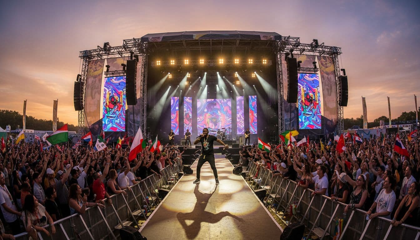 Vybz Kartel performs energetically center stage at a large summer festival in Europe, surrounded by thousands of diverse international fans waving flags and phones under sunset spotlights, showcasing the scale of his 2025 global comeback tour.