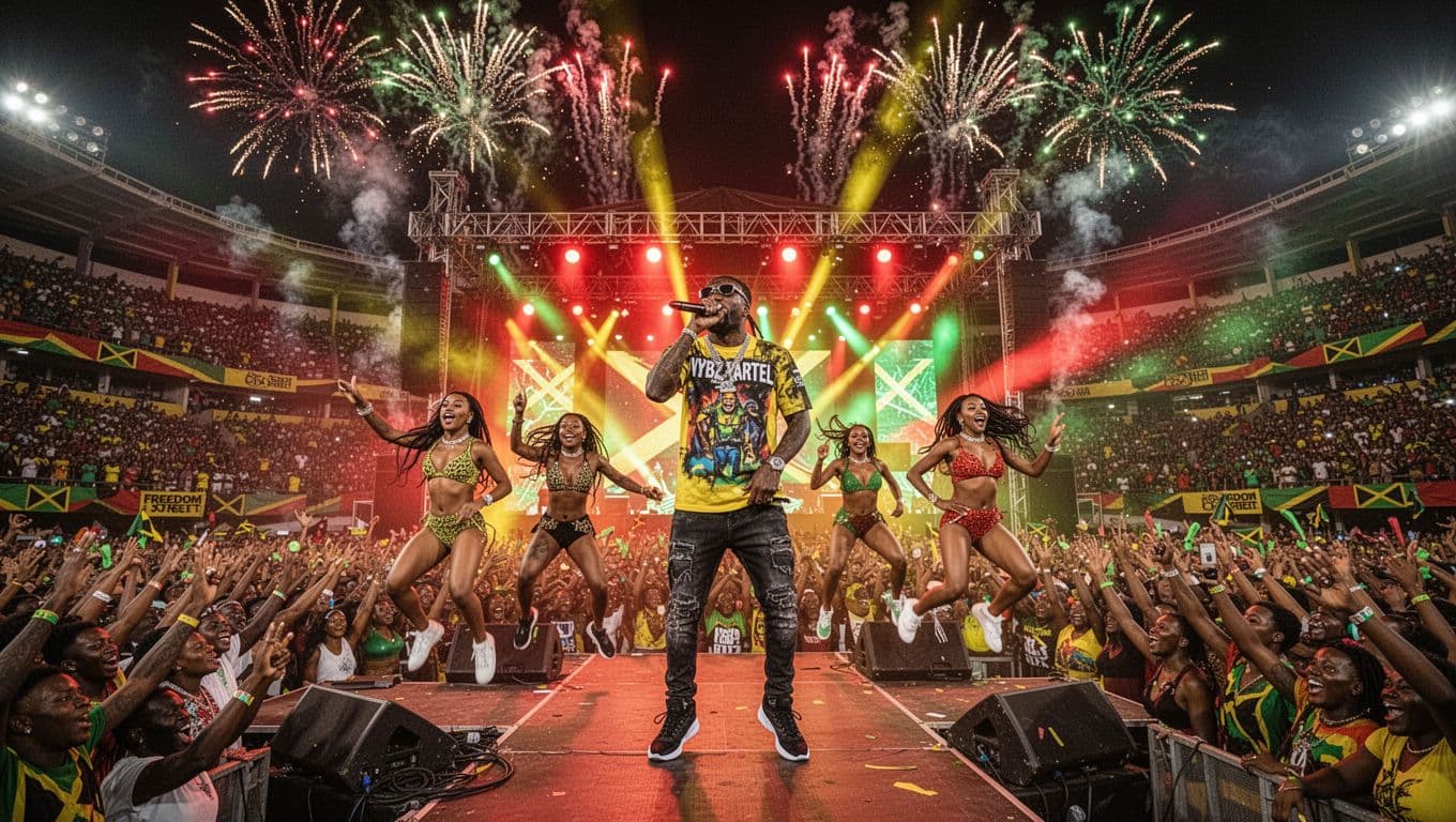 Energetic night-time dancehall concert in a large Jamaican stadium on New Year's Eve, featuring Vybz Kartel as the central performer with backup dancers, massive cheering crowd, colorful stage lights, and fireworks.