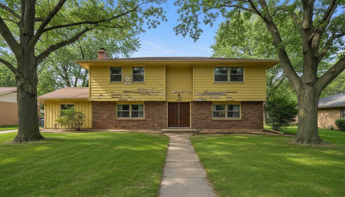 A realistic photograph of a classic 1970s split-level house in a suburban Minneapolis neighborhood during summer, showing brick lower level, wood siding upper levels with peeling paint, front yard grass and trees under clear blue sky.