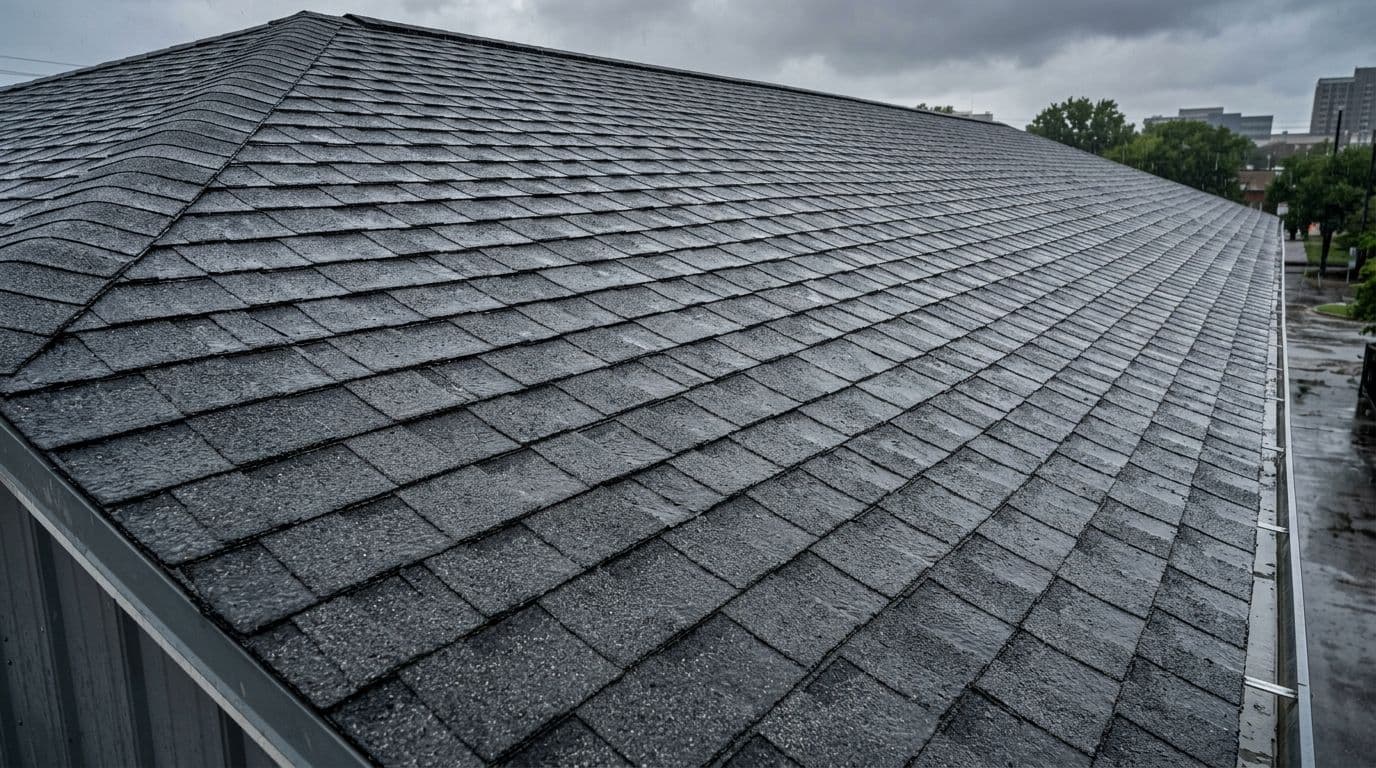 What Are Roof Shingles? Types, Materials, and How They Work Landscape view of architectural asphalt shingles on a sloped commercial roof section, showing thick layered design with cutouts, dark gray mineral granule texture, and overlapping rows shedding light rain under natural overcast daylight.