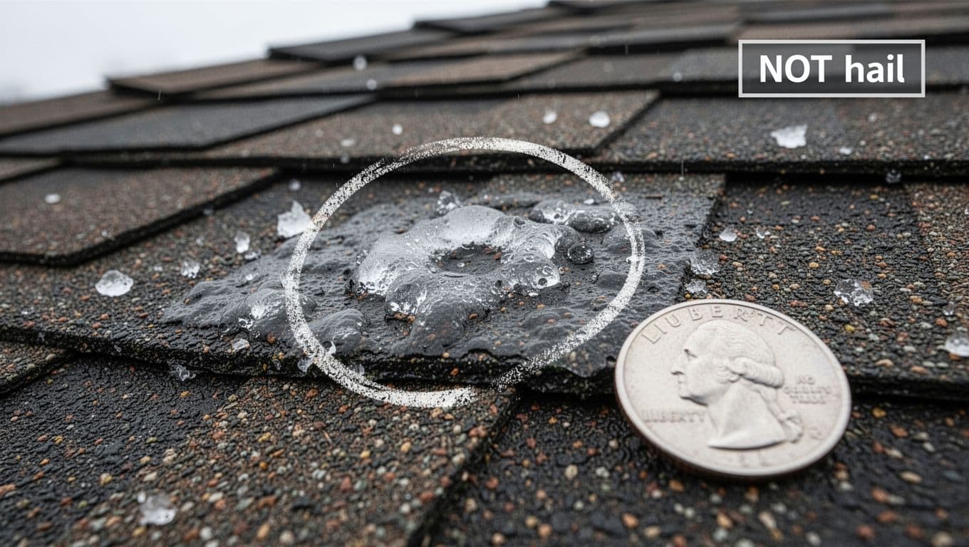 Realistic close-up of raised blistering on an architectural asphalt shingle labeled NOT hail, with U.S. quarter for scale, for homeowner education on identifying hail damage.