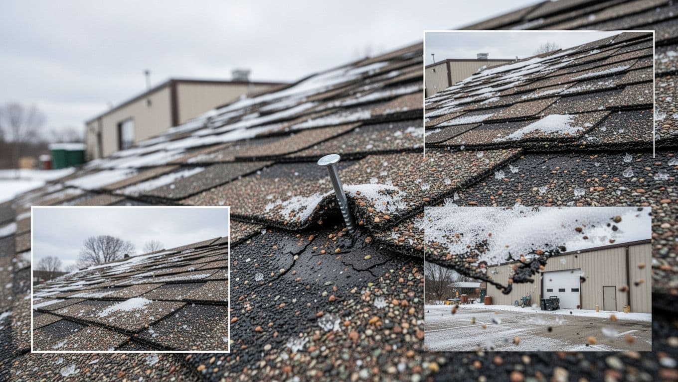 How Do I Spot Nail Pops On Asphalt Shingles In Minnesota? Photorealistic high-resolution close-up of an asphalt shingle with a single nail pop defect, showing lifted tab, protruding nail head, granule loss, and minor cracking around it. Inset depicts ground-level view as uneven roofline ridge on a sloped commercial outbuilding roof in Minnesota winter with light snow dusting and cloudy sky.