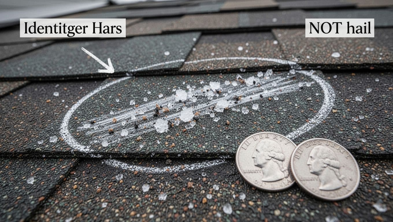 Realistic close-up of a linear scuff with displaced granules on an architectural asphalt shingle, labeled 'NOT hail' with white chalk circle and U.S. quarter for scale, for homeowner education on roof damage identification.