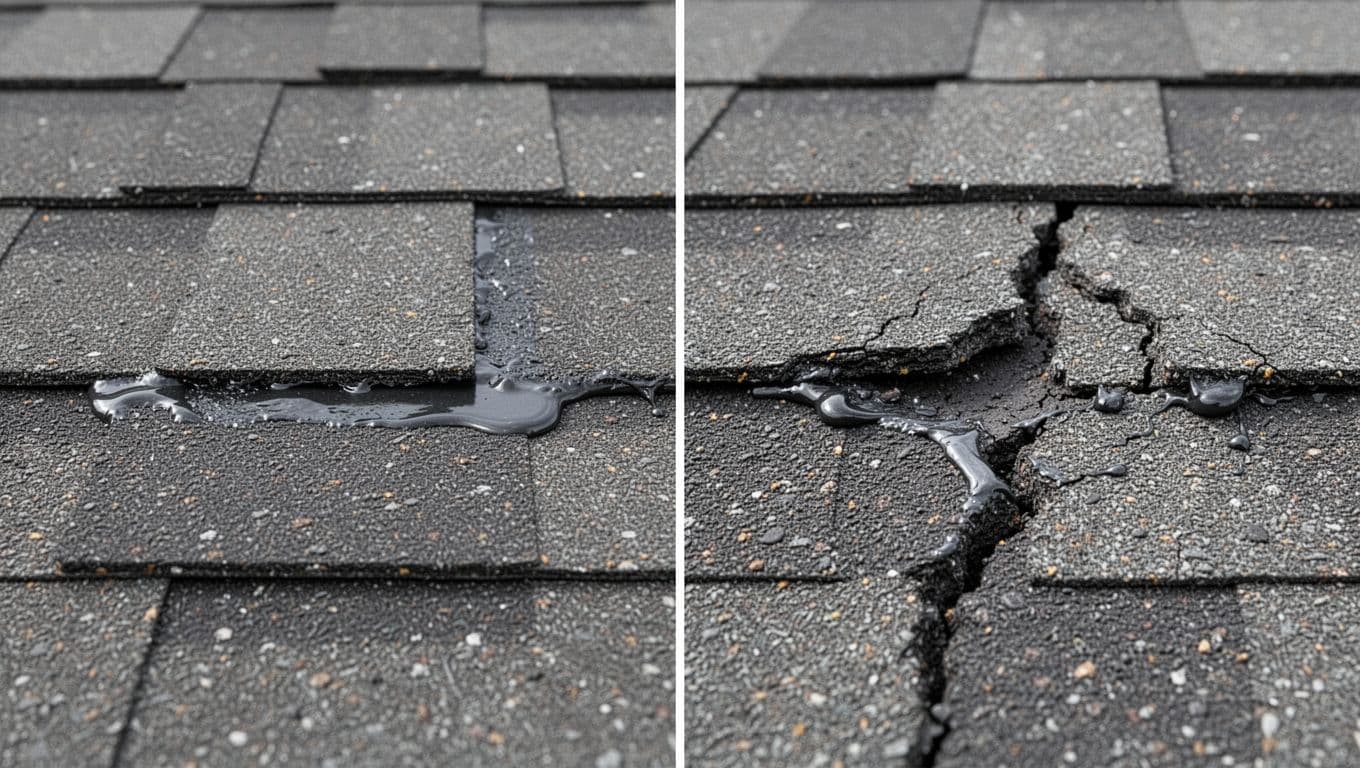 How To Tell If Hail Cracked Your Shingle Sealant Strip Side-by-side comparison of asphalt shingle sealant bonds: left shows intact flat tab with no gap and consistent adhesion; right shows cracked bond with minor lifting, discontinuous adhesive, and gap. High-contrast realistic educational image with neutral lighting.