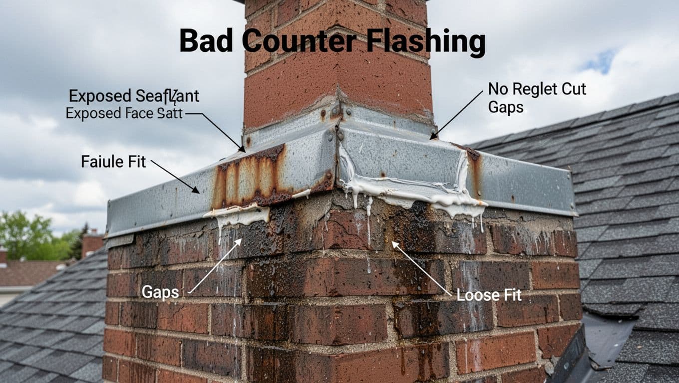 What is step flashing vs. counter flashing on a Minnesota roof, and how can you spot a bad install from the ground? Realistic high-resolution close-up in natural daylight showing surface-mounted counterflashing with exposed face sealant, no reglet cut, visible gaps, loose edges, early rust, and water stains on a brick chimney for a Minnesota roofing blog.