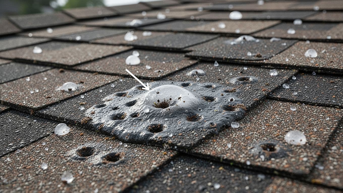 Realistic high-resolution close-up photo of shingle blistering on an asphalt shingle roof in Saint Paul, Minnesota, featuring raised and popped blisters with irregular pits from poor ventilation systems, subtle weathering, and blurred background.